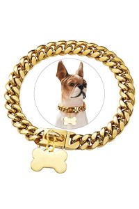 18k Gold Heavy Duty Metal Dog Collars, Personalized Name ID Plate Decoration Necklace Preventing Losing - Strong Steel Cuban Chain Training for Small, Medium, Large and Extra Large All Dog Breeds
