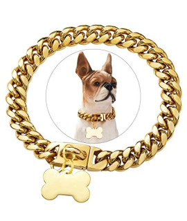 18k Gold Heavy Duty Metal Dog Collars, Personalized Name ID Plate Decoration Necklace Preventing Losing - Strong Steel Cuban Chain Training for Small, Medium, Large and Extra Large All Dog Breeds