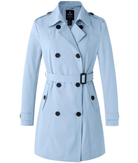 Wantdo Womens Turn Down Collar Double-Breasted Long Trench Coat Blue Large