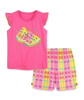 Little girls Summer clothes,cotton Watermelon Short Sleeve T-Shirt and Shorts Outfit Set Raspberry Size 7