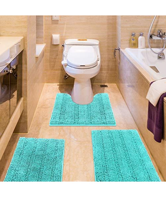 Striped Teal Bathroom Rug Set 3 Pieces Ultra Soft, Non Slip Chenille Bath Carpet, Absorbent Plush Shaggy Bath Mats For Bathroom, Toilet, Bedroom, Kitchen, Turquoise