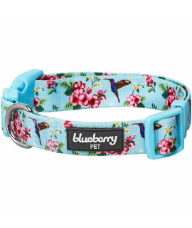 Blueberry Pet Spring Scent Inspired Flower And Hummingbird Adjustable Dog Collar, Sky Blue, Large, Neck 18-26