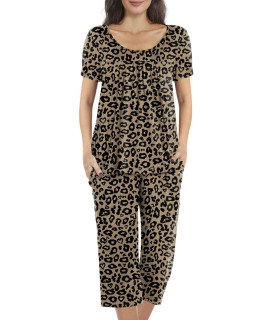 POPYOUNg Womens Pajamas Sets, Spring Short Sleeves Tunic Top with comfy capri Pants, Lounge Sleepwear 2 piece Ladies Pjs Sets with Pockets L, Leopard khaki