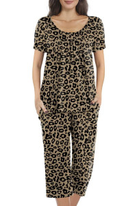 Popyoung Womens Pajamas Sets, Spring Short Sleeves Tunic Top With Comfy Capri Pants, Lounge Sleepwear 2 Piece Ladies Pjs Sets With Pockets M, Leopard Khaki