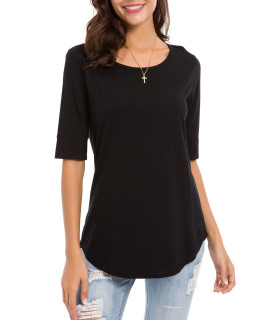 Womens Elbow Length Sleeve Tops Fashion cotton Blouses casual Tunic T-Shirts Black M