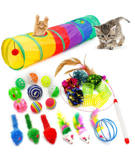 icAgY cat Toys, Kitten Toys, 25 Assorted cat Stuff Toys Pack Including crinkle Tunnel Ball Wand Teaser Feather Mouse Mice Spring Assortment kit for cats Kittens Rabbits Puppies Rainbow