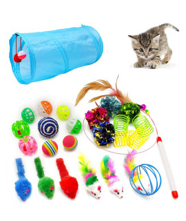 icAgY cat Toys, Kitten Toys, 25 Assorted cat Stuff Toys Pack Including crinkle Tunnel Ball Wand Teaser Feather Mouse Mice Spring Assortment kit for cats Kittens Rabbits Puppies Sky Blue