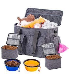Dog Travel Bag Week Away Dog Supply Tote Bag Pet Travel Bags for Supplies Collapsible Bowl and Food Container Bag Travel Dog Accessories Perfect Weekend Pet Travel Set for Dog & Cat Gray