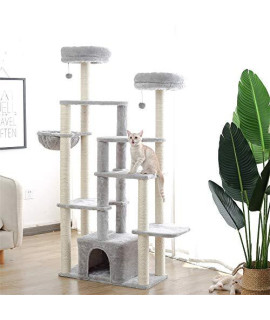 peafowl Cat Tree,Multi-Platform 65.3 Inches Cat Tree with Sisal Scratching Posts, Deluxe Condo, 2 Top Perches and Hammock Bed for Large Cats, Gray