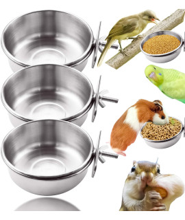 MotBach 3 Pieces Stainless Steel Bird Feeding Dish Cups, Bird Feeder Parrot Food Water Bowls with Clamp, Pet Cage Cups Holder for Bird Parrot Cockatiel Conure Budgies Parakeet Small Animal
