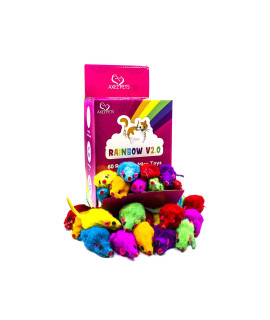 AXEL PETS Colorful 60 Rainbow V2.0 Mice with Catnip and Rattle Sound Made of Real Rabbit Fur Interactive Catch Play Mouse Toy for Feline Cat, Box of 60 Mice