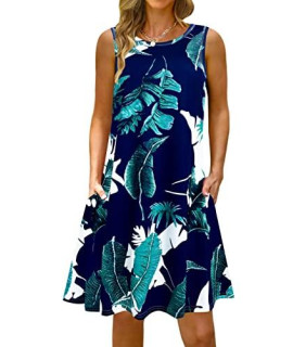 Summer Casual Tshirt Dresses For Women Swing Sun Dress Beach Sundresses With Pockets Medium Blue Leaf02