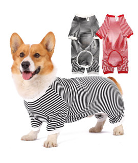 Dog Pajamas cotton Striped Pup Jumpsuit, Breathable 4 Legs Basic Pjs Shirts for Puppy and cat, Super Soft Stretchable Dog Jammies for Boys and girls (XX-Small, White RedBlack)