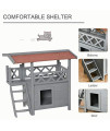 PawHut Wooden Cat House Feral Cat Shelter Kitten Condo Dog Habitat with Balcony, Stairs, Asphalt Roof for Outdoor, Grey