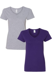 Gildan Womens Heavy Cotton V-Neck T-Shirt 2-Pack Lrg-Sportgray-Purple