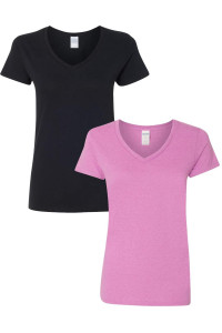 Gildan Womens Heavy Cotton V-Neck T-Shirt 2-Pack Med-Black-Heatherorchid