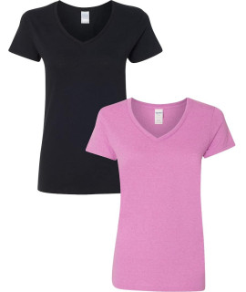 Gildan Womens Heavy Cotton V-Neck T-Shirt 2-Pack Med-Black-Heatherorchid