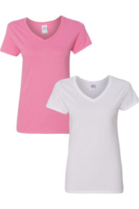 Gildan Womens Heavy Cotton V-Neck T-Shirt 2-Pack Sml-Azalea-White