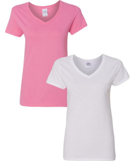 Gildan Womens Heavy Cotton V-Neck T-Shirt 2-Pack Sml-Azalea-White