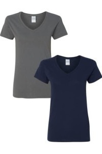 Gildan Womens Heavy Cotton V-Neck T-Shirt 2-Pack Sml-Charcoal-Navy