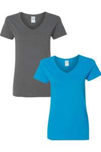 Gildan Womens Heavy Cotton V-Neck T-Shirt 2-Pack Med-Charcoal-Sapphire
