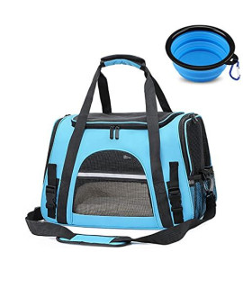 ?2021 New? Pet Travel Carrier Bag, Soft-Sided Pet Bag for Cats with Mesh Windows and Fleece Padding, Collapsible Dog Carrying Case Fit Under Airplane Seat for Kittens, Puppies and Small Dogs (Blue)