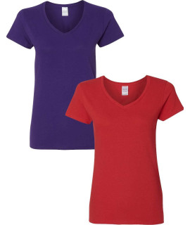 Gildan Womens Heavy Cotton V-Neck T-Shirt 2-Pack Sml-Purple-Red