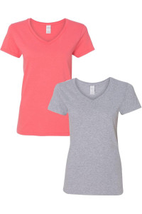 Gildan Womens Heavy Cotton V-Neck T-Shirt 2-Pack Sml-Coral-Sportgray