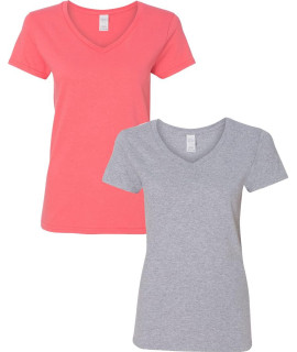 Gildan Womens Heavy Cotton V-Neck T-Shirt 2-Pack Sml-Coral-Sportgray