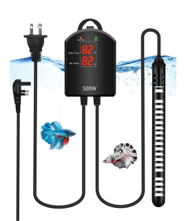 Aquarium Heater, 500W Submersible Fish Tank Heater with Dual Temp Displays and External Intelligent LED Digital Temperature Controller Show Instant Temperature and Set Temperature