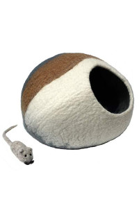Mokoboho 100% Wool Felt Cat Cave Bed Handmade in Nepal with Free Mouse Toy Included (Gray/Tan/Cream)