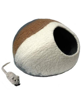 Mokoboho 100% Wool Felt Cat Cave Bed Handmade in Nepal with Free Mouse Toy Included (Gray/Tan/Cream)