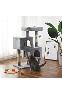 MOOSENG-Cat-Tree-Tower, Multi Level Kitten Stand House Condo with Sisal Scratching Posts+Removable Fur Ball Sticks+Covered Ramp, Tall Indoor Climbing Furniture Play Center for Pets, Light Grey