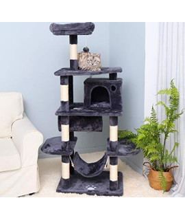 MOOSENG-Cat-Tree-Tower, Multi Level Kitten Stand House Condo with Sisal Covered Scratching Posts+Hammock+Removable Fur Ball Sticks, Tall Indoor Climbing Furniture Play Center for Pets, Navy Blue