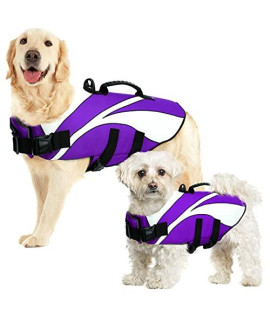 Sunfura Flotation Dog Life Jacket With Buoyancy And Rescue Handle Ripstop Puppy Lifesaver Preserver Pet Life Vest For Small Medium Large Dogs Reflective Adjustable Pet Swimsuits Float Coat Purple Xl