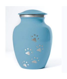 Best Friend Services Pet Urn - Ottillie Paws Legacy Memorial Pet Cremation Urns for Dogs and Cats Ashes Hand Carved Aluminium Memory Keepsake Urn (Baby Blue, Vertical Pewter Paws, Small)