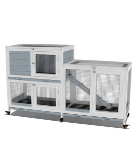 gDLF Two Floors 58 Wooden Indoor Bunny Hutch Rabbit cage on Wheels guinea Pig PET House for Small to Medium Animals Waterproof No Leak Tray