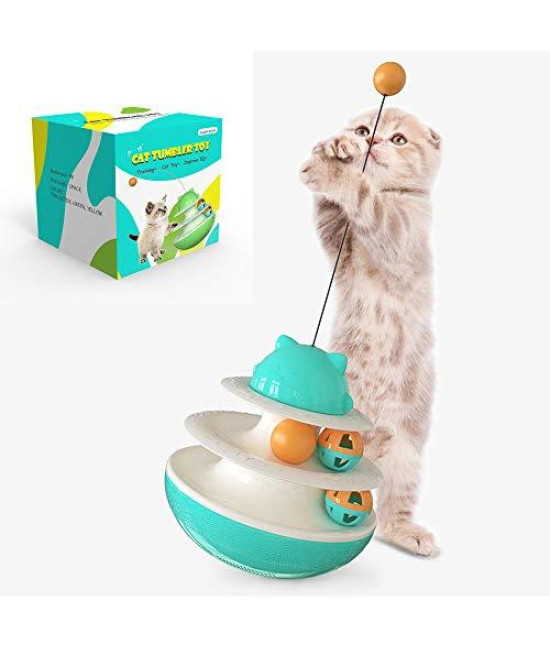 HANAMYA 2-Layer Track Tower Cat Toy with Cat Balls | Tumbler Cat Toy | Turntable Cat Toy, Turquoise Blue