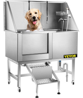 VEVOR 50 Inch Dog Grooming Tub, Professional Stainless Steel Pet Dog Bath Tub, with Steps Faucet & Accessories Dog Washing Station Left Door