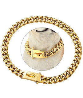 PRADOG Gold Chain Dog Collar Designer Dog Cuban Link Chain Collar with Safty Design Buckle 15MM Metal Stainless Steel Walking Collars(15MM, 12")