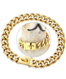 PRADOG Gold Chain Dog Collar Designer Dog Cuban Link Chain Collar with Safty Design Buckle 19mm Metal Stainless Steel Walking Collar(19MM, 12")