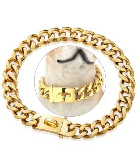 PRADOG Gold Chain Dog Collar Designer Dog Cuban Link Chain Collar with Safty Design Buckle 19mm Metal Stainless Steel Walking Collar Large( 19MM, 24")