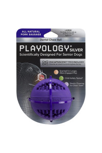Playology Silver - Dental chew Ball Dog Toy, Large - Designed for Senior Dogs (35lbs and Up) - Engaging All-Natural Pork Sausage Scent - Non-Toxic Materials and Moderate chewing for Older Teeth