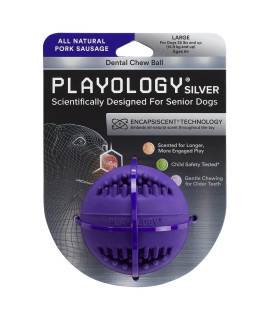 Playology Silver - Dental chew Ball Dog Toy, Large - Designed for Senior Dogs (35lbs and Up) - Engaging All-Natural Pork Sausage Scent - Non-Toxic Materials and Moderate chewing for Older Teeth