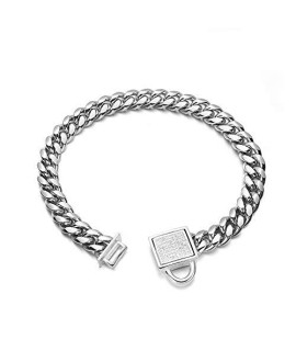 Aiyidi Dog Chain Collar Silver Cuban Link Bling Choke Collar 10mm Wide Stainless Steel Collar with CZ Diamond Lock Collar for Dogs (Size:8-24inch) (18inch)
