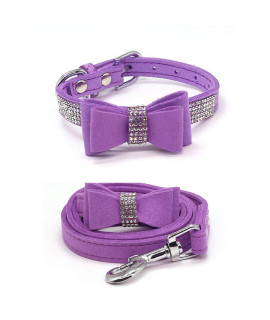 Charmsong Crystal Suede Dog Collar With Bow Tie Rhinestone Jeweled Dazzling Sparkling Elegant Fancy Soft Puppy Bling Collars For Small Dogs With Leash Purple Xs