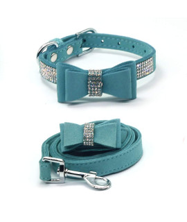 Charmsong Crystal Suede Dog Collar With Bow Tie Rhinestone Jeweled Dazzling Sparkling Elegant Fancy Soft Puppy Bling Collars For Small Dogs With Leash Blue Xs