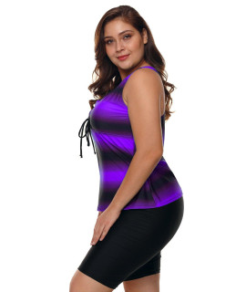 FAZLIY Womens Athletic Two-Piece Swimsuits Racerback color Block Print Tankini Top with Swim capris S-XXL (Purple with Shorts, Medium, m)