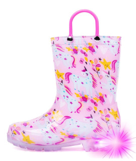 Hugrain Girls Kids Rain Boots Toddler Light Up Printed Waterproof Shoes Lightweight Rubber Adorable Unicorn Purple Pink With Easy-On Handles Non Slip (Size 3,Purple)