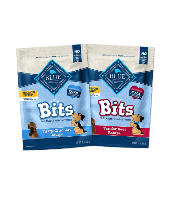 Blue Buffalo Blue Bits Natural Soft-Moist Training Dog Treats, Chicken & Beef Recipes 19-oz Bag Variety Pack, 2 Count